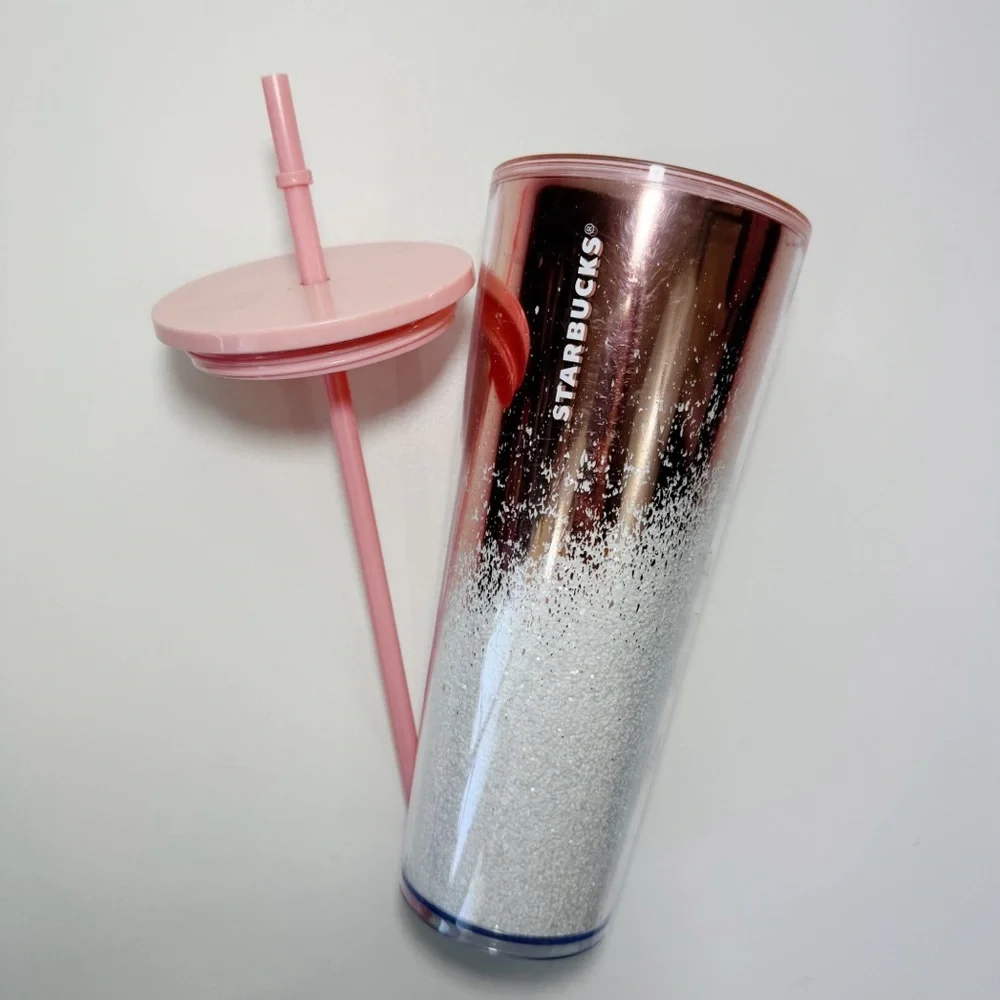 Starbucks Holiday 2019 Cascading Snow Rose Gold Glitter 24 oz. Cold Cup Tumbler